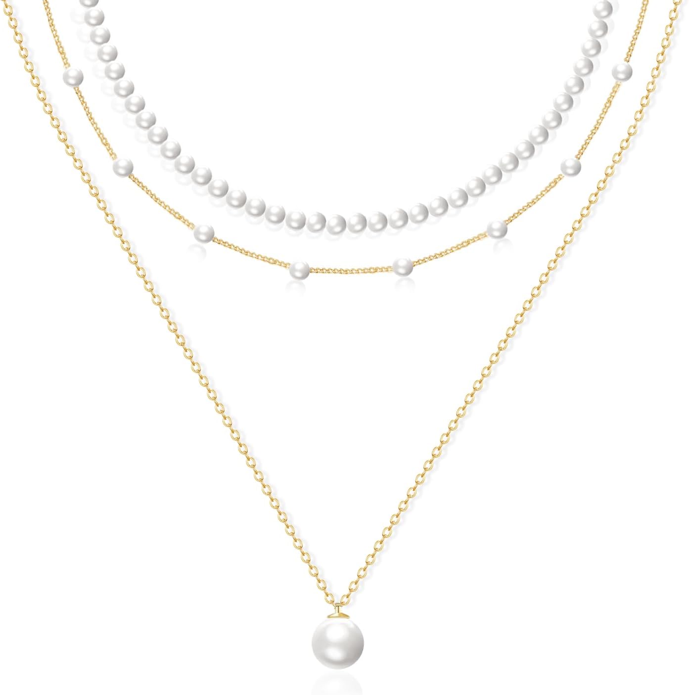 Gold Pearl Necklace for Women, Dainty 14K Gold/Silve Plated Layered Pearl Choker Pearl Earrings Pearl Bracelets Wedding Trendy Gold Jewelry Set for Women Gifts