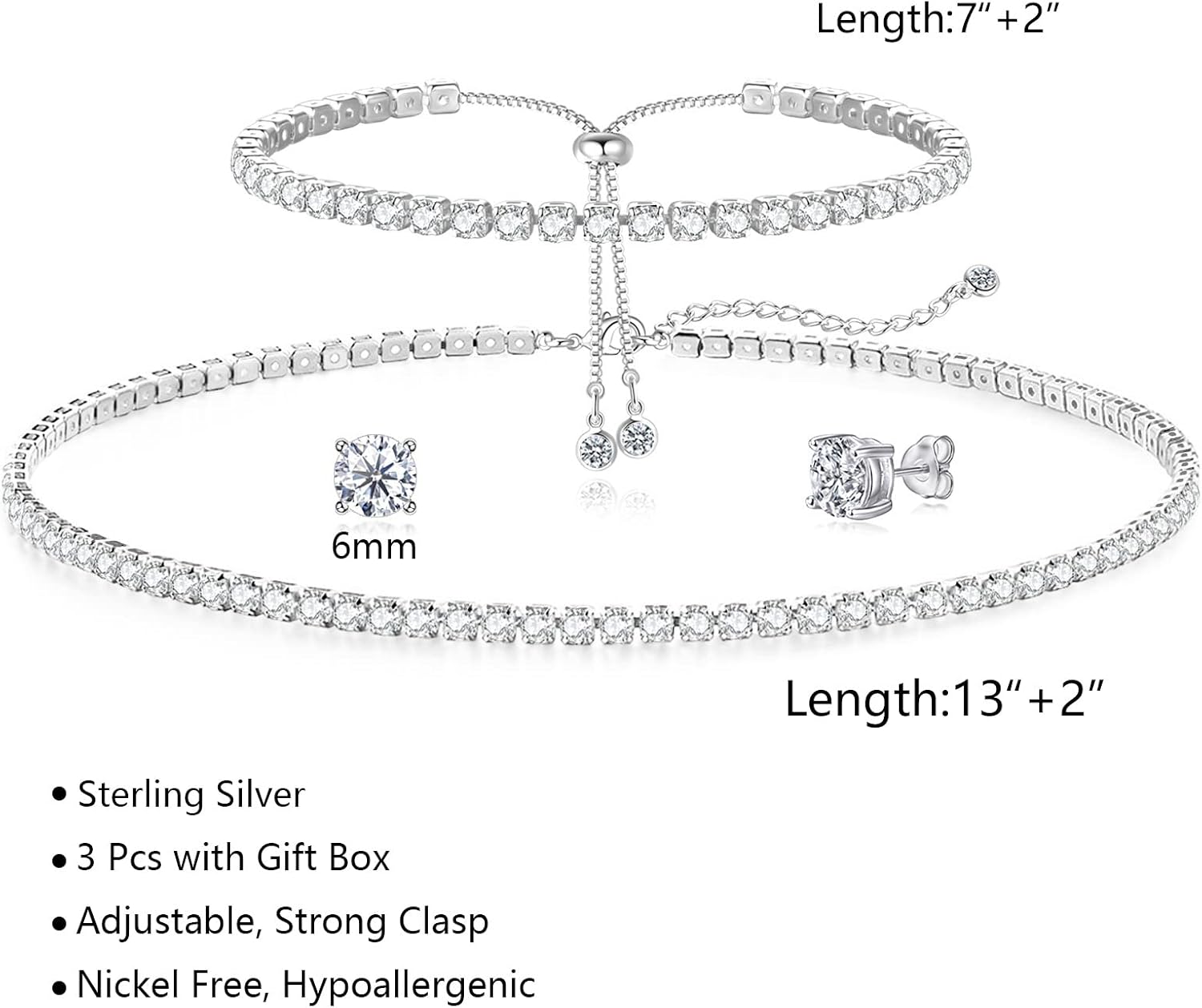 Tennis Necklace Bracelet for Women, Sterling Sliver, Dainty Necklace, ystal Bracelet for Women, Wedding Jewelry for Bride, Sparkly Party Prom Hypoallergenic - Image 2