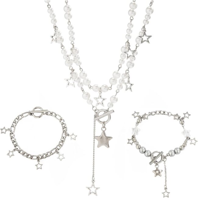 2 Pieces Silver Star Necklace  Jewelry Set Grunge Necklace Kawaii Cute Necklaces Aesthetic Vintage  Jewelry