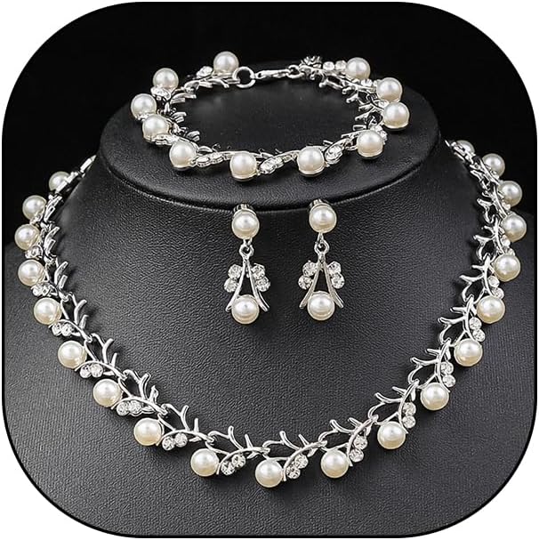Rhinestone Pearl Wedding Jewelry Set for Bride Bridesmaid Bohemia Adjustable Beaded Crystal Bracelet Necklace Exaggerated Pearl Earring Set for Women