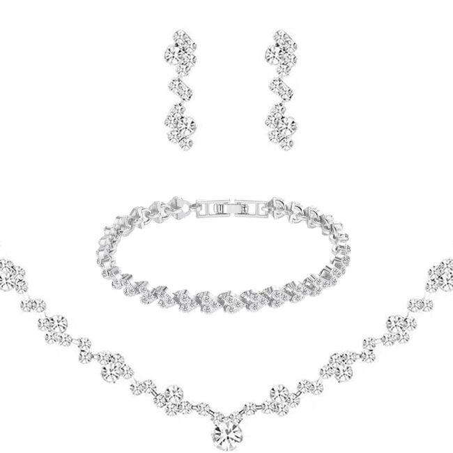 ystal Wedding Jewelry Set, Silver Necklace Earrings Bracelet ystal Bridal Wedding Jewelry Sets for Brides Bridesmaid Prom Costume Accessories