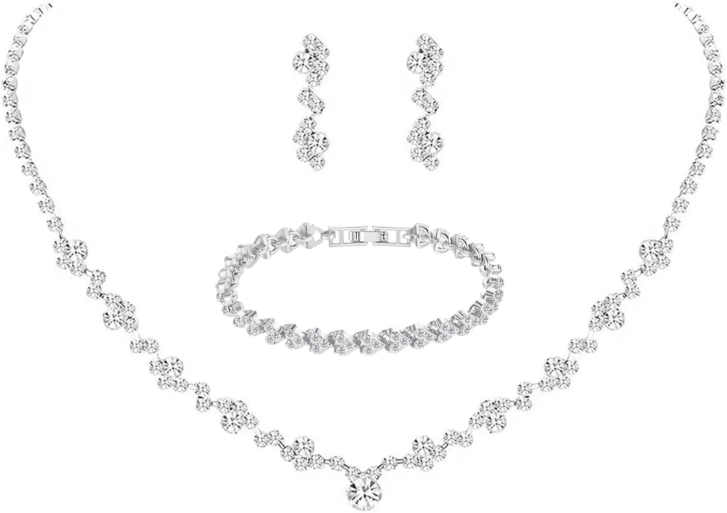 ystal Wedding Jewelry Set, Silver Necklace Earrings Bracelet ystal Bridal Wedding Jewelry Sets for Brides Bridesmaid Prom Costume Accessories