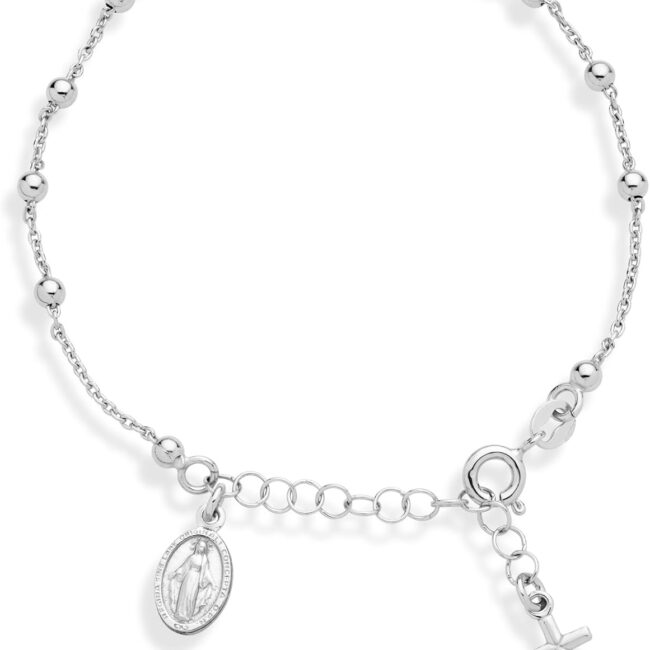 925 Sterling Silver Italian Rosary  Bead Charm Link Chain Bracelet for Women, Adjustable, Made in Italy