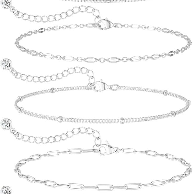 14K Silver Plated Bracelets for Women, Dainty Silver Bracelets for Women Set Bracelet Stack Waterproof Jewelry for Women Trendy Minimalist Simple Small Thin Bracelet Set for Women Teen Girls Gift