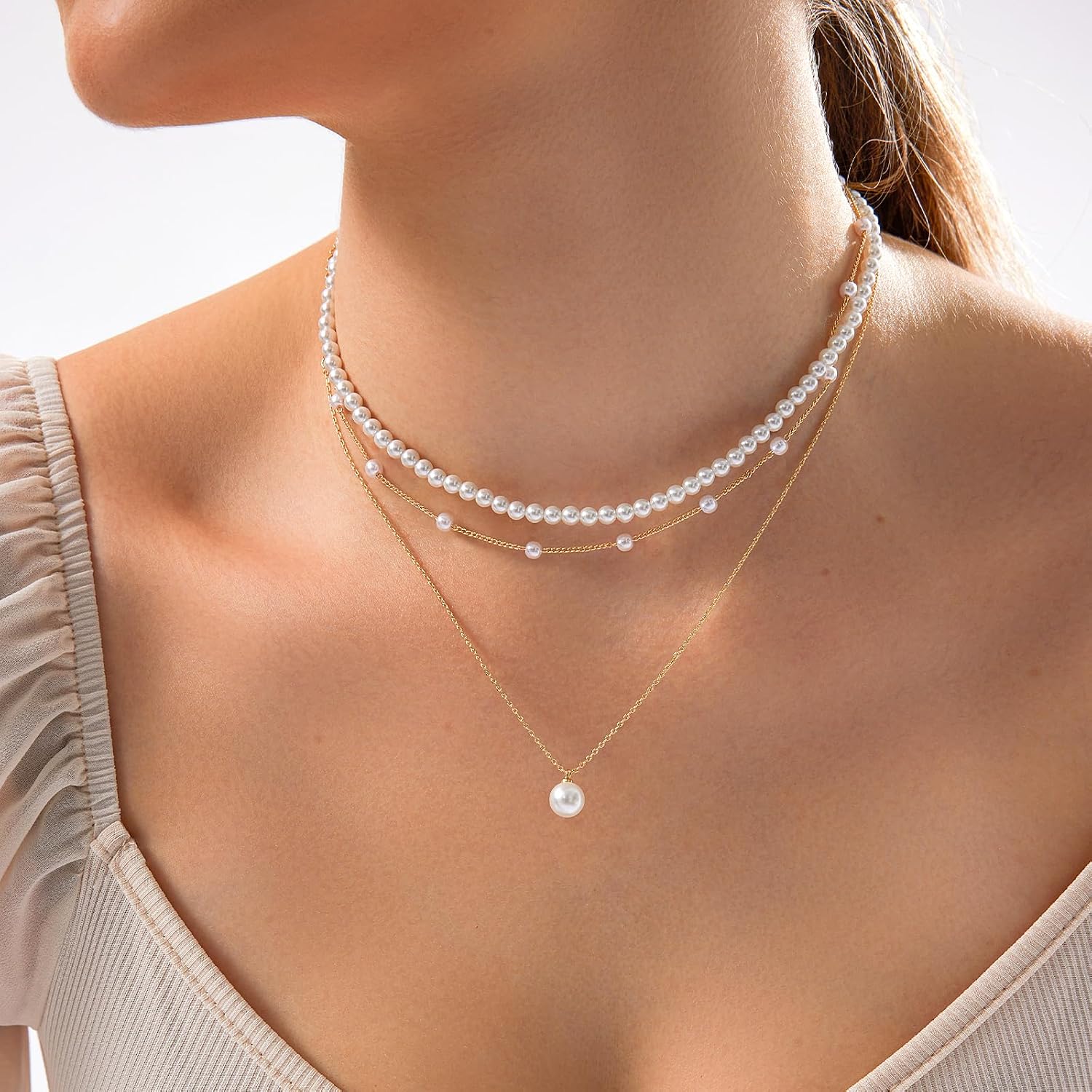 Gold Pearl Necklace for Women, Dainty 14K Gold/Silve Plated Layered Pearl Choker Pearl Earrings Pearl Bracelets Wedding Trendy Gold Jewelry Set for Women Gifts - Image 2